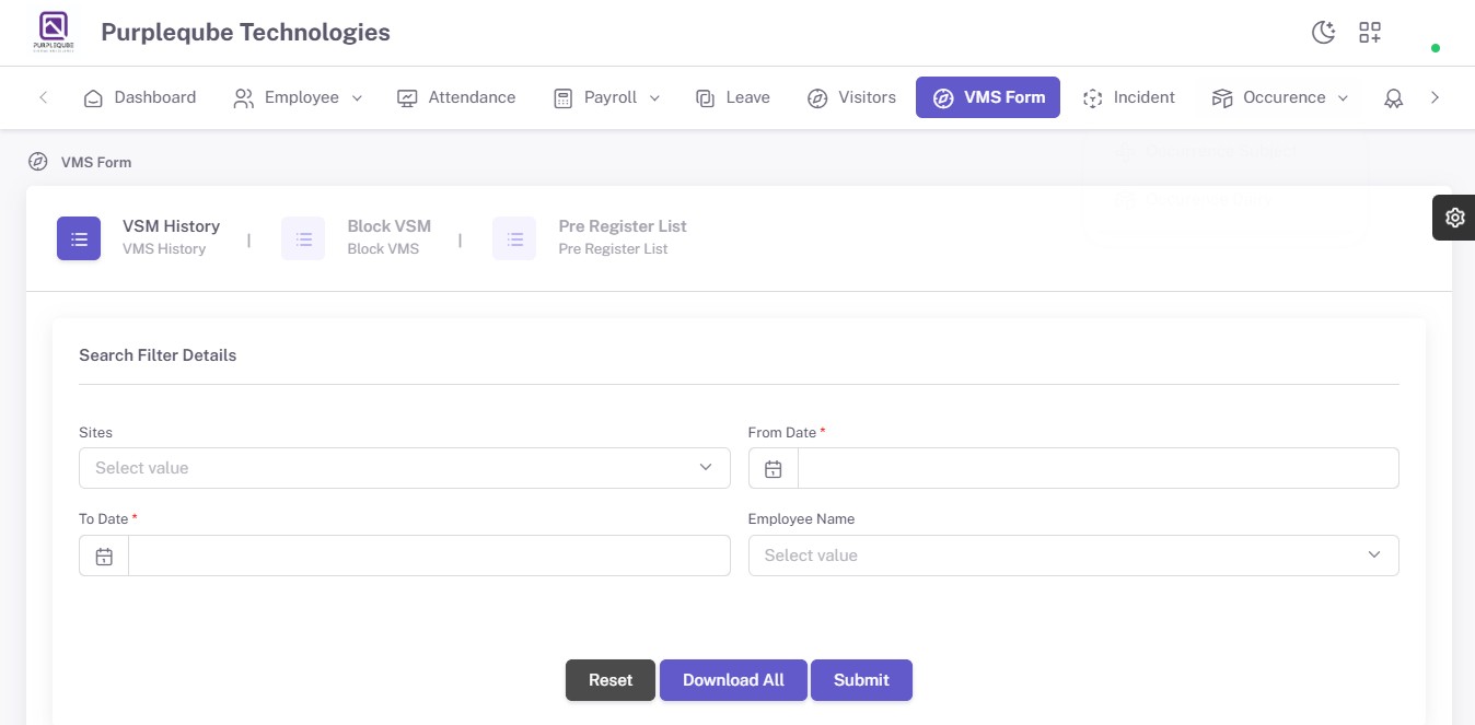 VSM History Search Filter